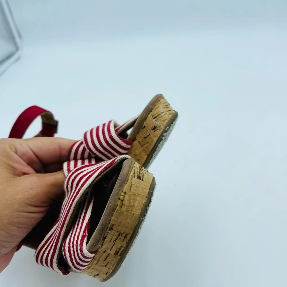 TOMS Multi Strap Red Striped Cork Wedges